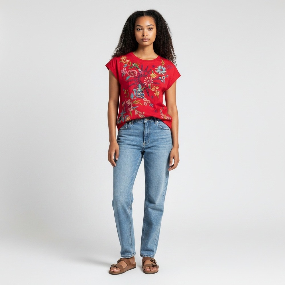 Johnny Was Arla Relaxed T-Shirt Red Floral Sun Embroidery J16923-2 NWT Size M